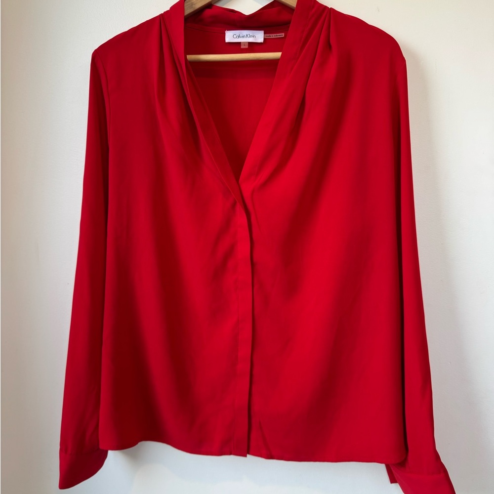 Calvin Klein Vibrant Red Draped V-Neck Blouse